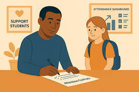 Cartoon of teacher and student talking about attendance with support students poster with a heart and a poster with an attendance dashboard in background. Creams and blues are the colours in the  picture.