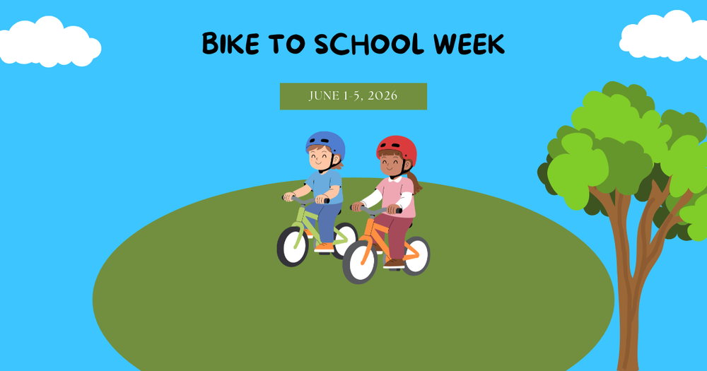 A blue background with clouds in the sky, a tree and grass and two kids biking with helmets on