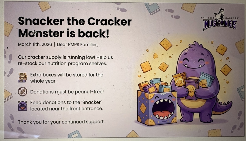 A purple monser smiling, putting crackers in a monster box with a wide mouth. 