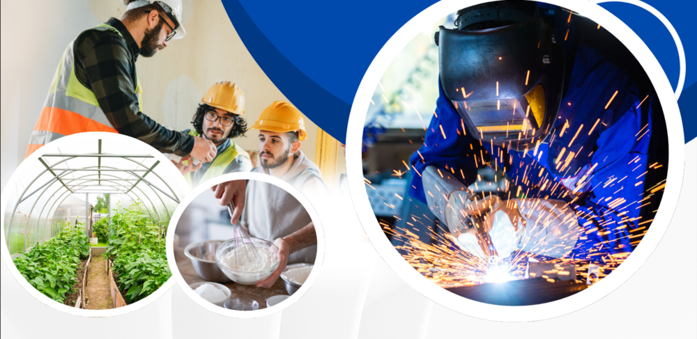 A photo of someone welding, 3 people at a construction site, a greenhouse and someone whisking a white substance in a kitchen