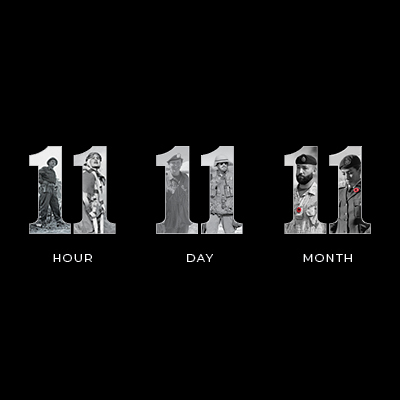The number 11 three times with the pictures of soliders in black and white, except for red poppies that the soldiers are wearing. The numbers are against a black background, to create contrast. 