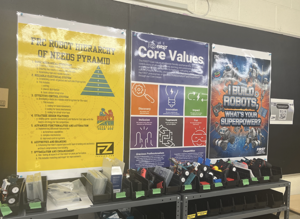 Robotics posters are pictured on a classroom wall.