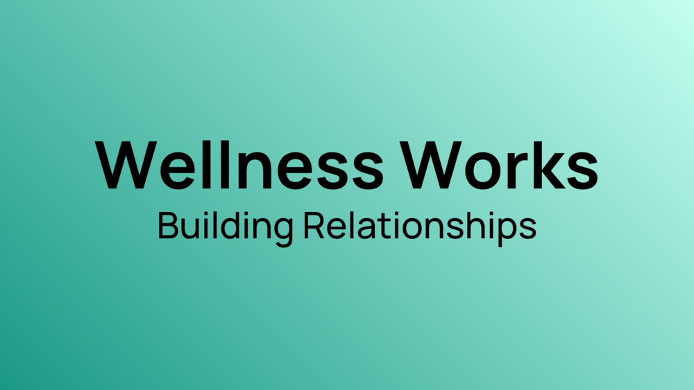 A green background that says Wellness Works Building Relationships