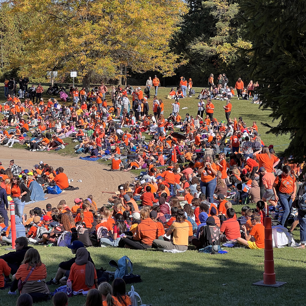 Students sit outside watching a concert at Island Lake Conversation Area. 