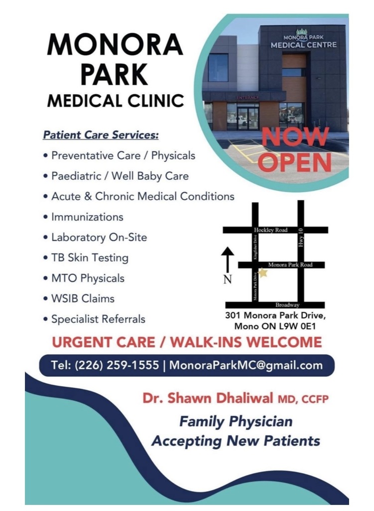 Ad for new doctor in town- picture of practice and bullet points with information in black, red, and teal. 