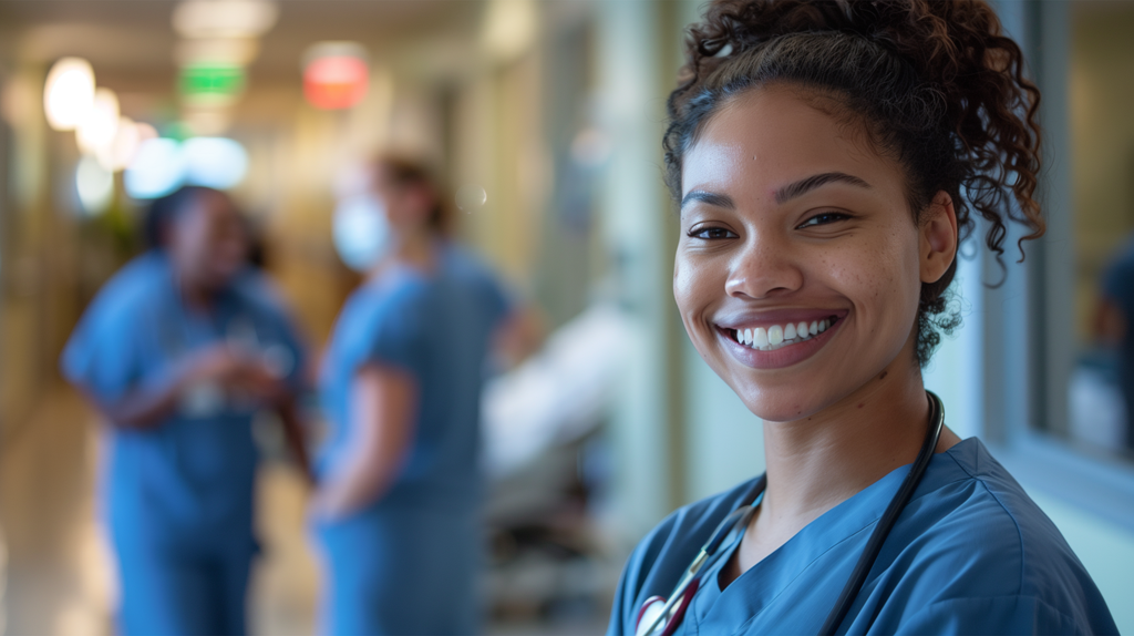 A stock image of a woman who works in health care.