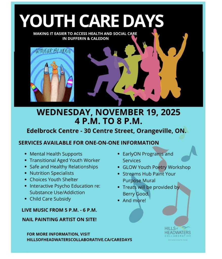 Flyer with Youth Care Days information- neon kids jumping on black background, bottom is blue with all the details. 