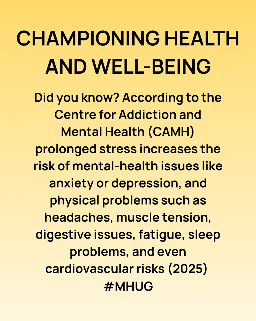 Championing Health and Well being: Did you know? According to the Centre for Addiction and Mental Health (CAMH) prolonged stress increases the risk of mental-health issues like anxiety or depression, and physical problems such as headaches, muscle tension, digestive issues, fatigue, sleep problems, and even cardiovascular risks (2025) 
