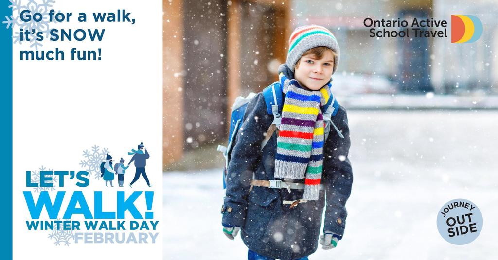 Go for a walk it's snow much fun. A child walking outside in the snow. Winter Walk Day is Feb 4