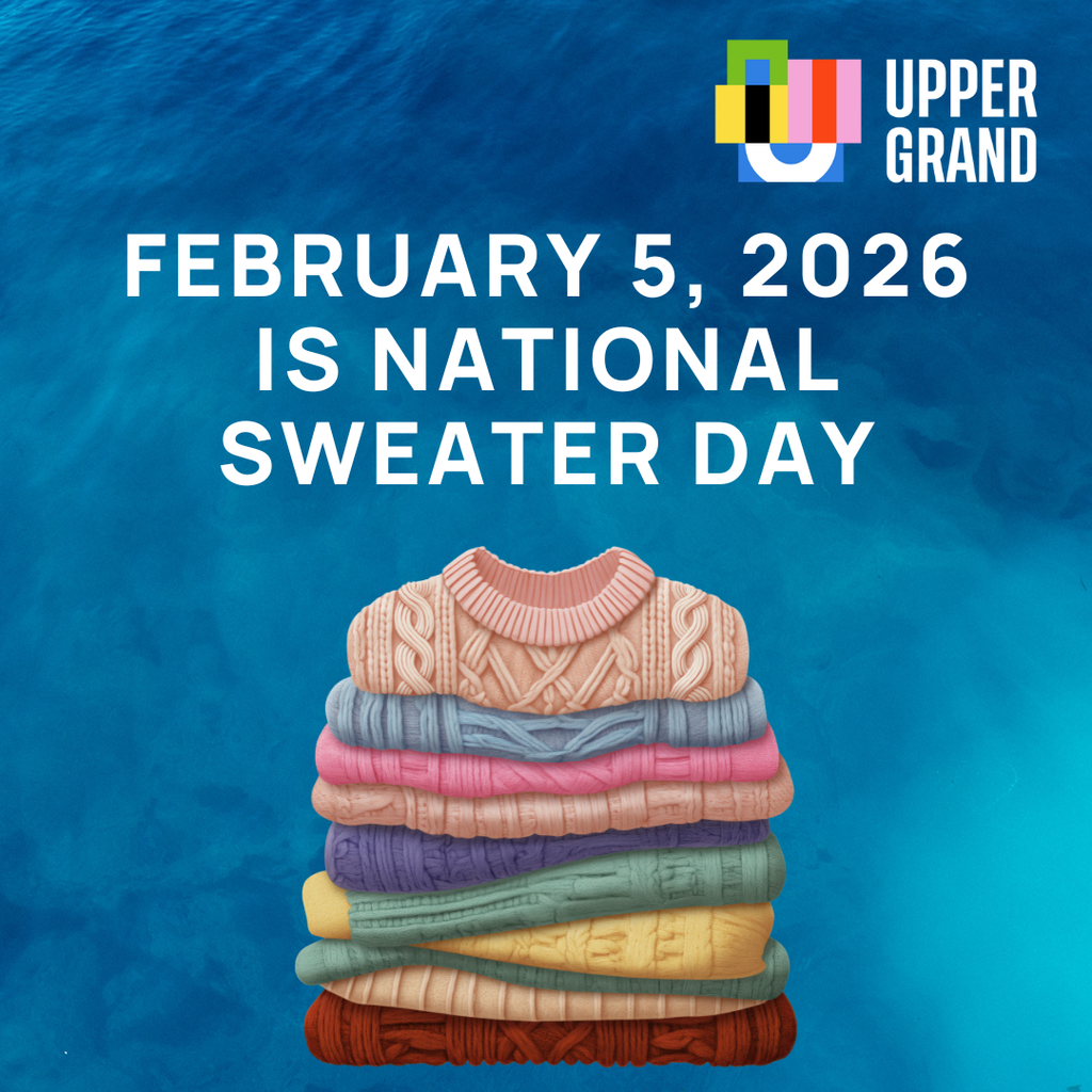 A blue graphic with a picture of folded sweaters that says February 5, 2026 is national sweater day