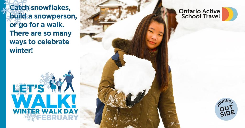 Catch snowflakes, build a snow person or go for a walk. Let's walk winter walk day. A student holding a snowball