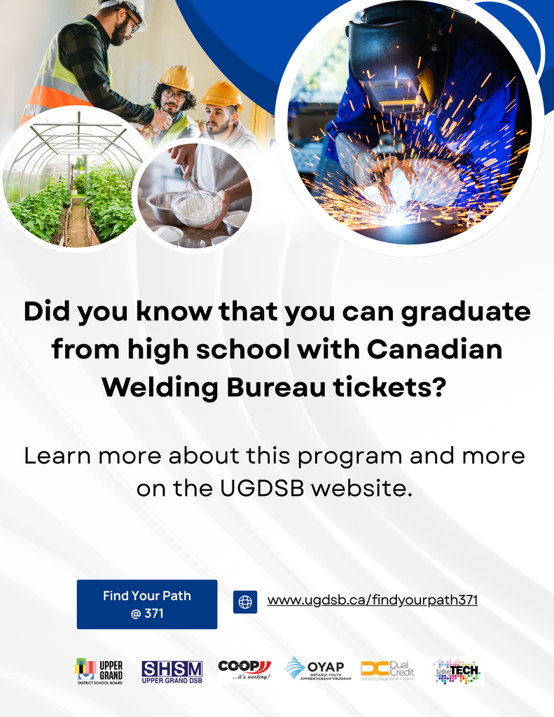 Find Your Path @ 371: A photo of 3 people in construction gear, a photo of someone welding, a photo of a green house and a photo of someone whisking a white substance, says Did you know that you can graduate from high school with Canadian Welding Bureau tickets? Learn more on the board website.