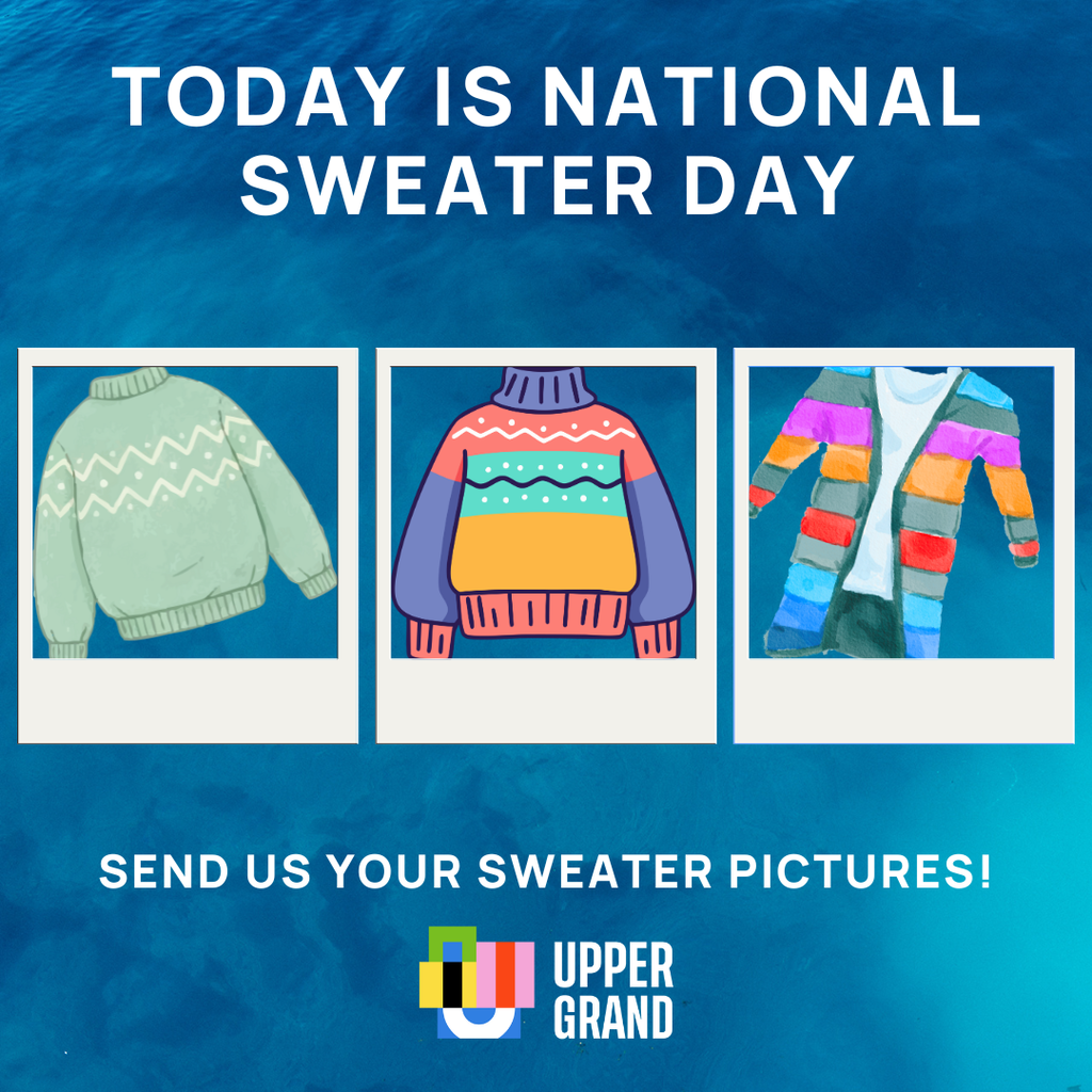 A blue background. It says Today is National Sweater Day. Send us your sweater pictures. There are 3 sweaters pictured in frames that look like a polaroid. 