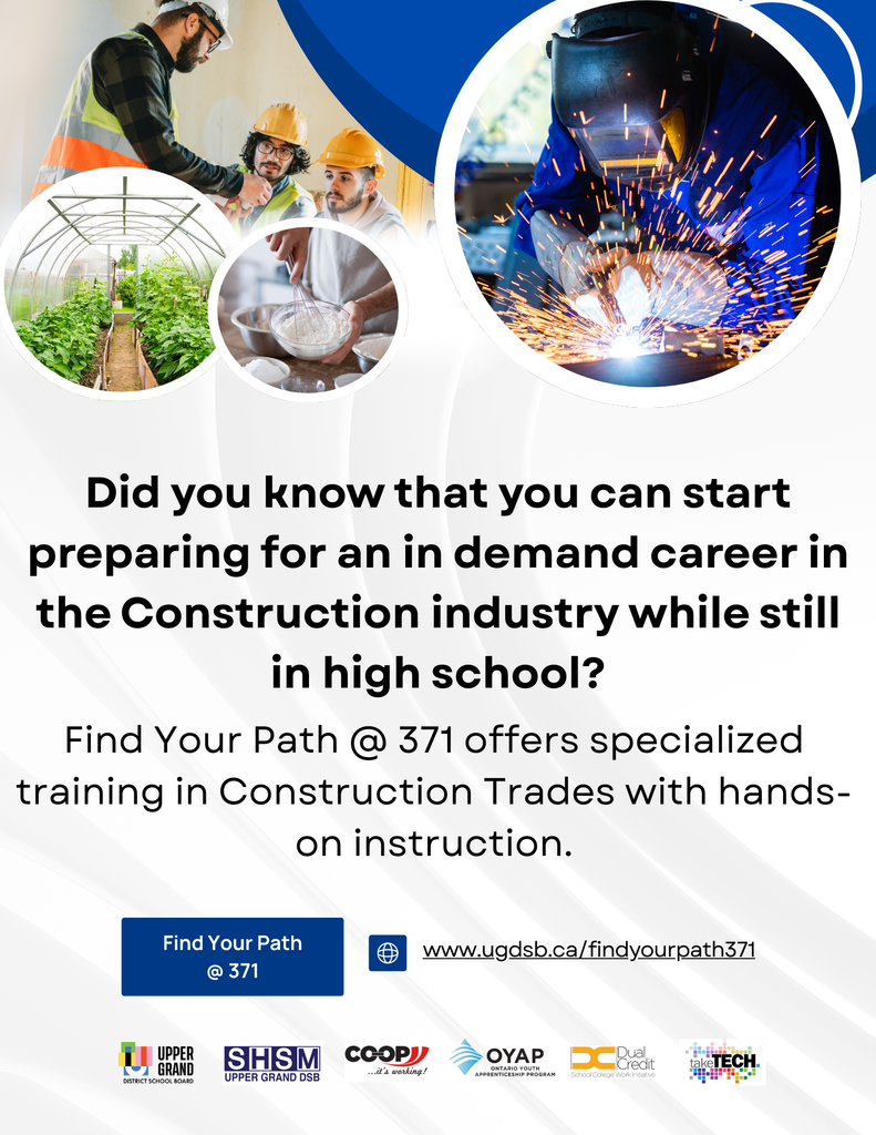 Find Your Path @ 371: A photo of 3 people in construction gear, a photo of someone welding, a photo of a green house and a photo of someone whisking a white substance