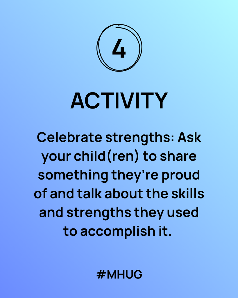 A blue graphic that says: Activity: Celebrate strengths: Ask your child(ren) to share something they’re proud of and talk about the skills and strengths they used to accomplish it. 