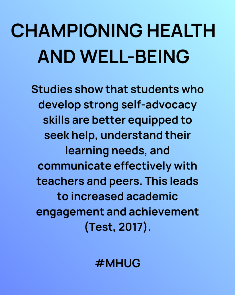 A blue graphic that says: CHAMPIONING HEALTH AND WELL-BEING: Studies show that students who develop strong self-advocacy skills are better equipped to seek help, understand their learning needs, and communicate effectively with teachers and peers. This leads to increased academic engagement and achievement (Test, 2017).