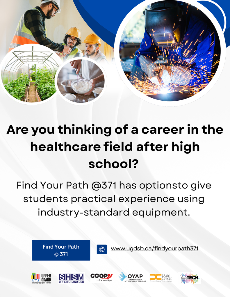 Find Your Path @ 371: A photo of 3 people in construction gear, a photo of someone welding, a photo of a green house and a photo of someone whisking a white substance