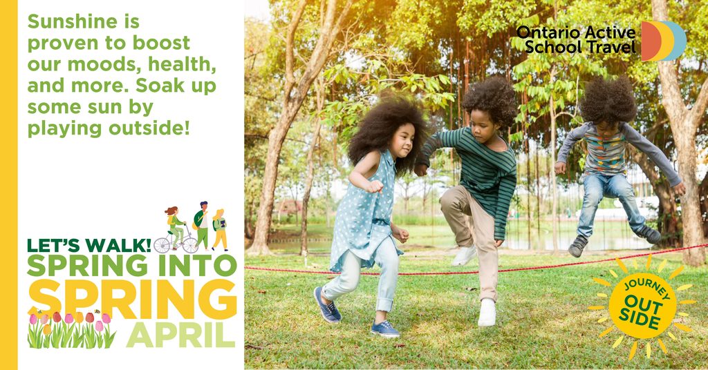 Sunshine is proven to boost our moods, health, and more. Soap up some sun by playing outside. There are 3 children playing outside at what looks like a park. They are playing with a skipping rope