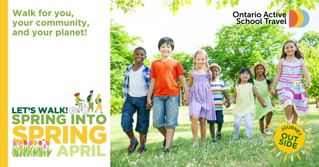 Walk for you, your community and your planet! Let's walk! Spring into Spring April. A photo of kids walking in a park