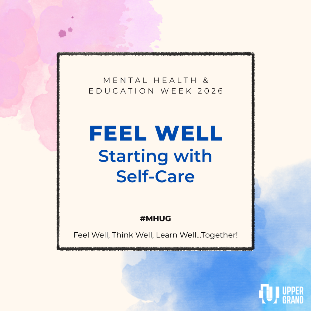 A beige background with pink and blue water colours. It says Mental Health and education week 2026 Feel Well Starting with self-care. #MHUG Feel well, think well, learn well...together