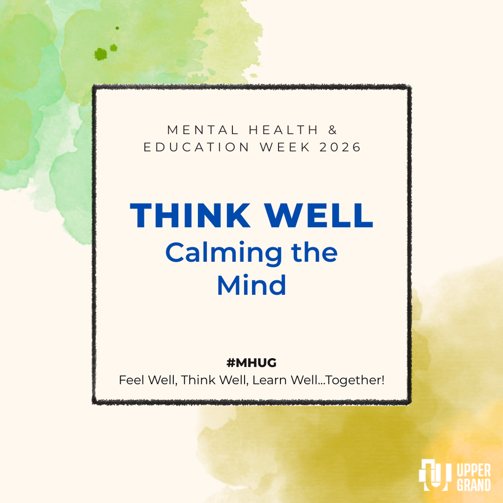 A beige background with green and yellow water colours. It says Mental Health and Education Week 2026. Think well, calming the mind #MHUG