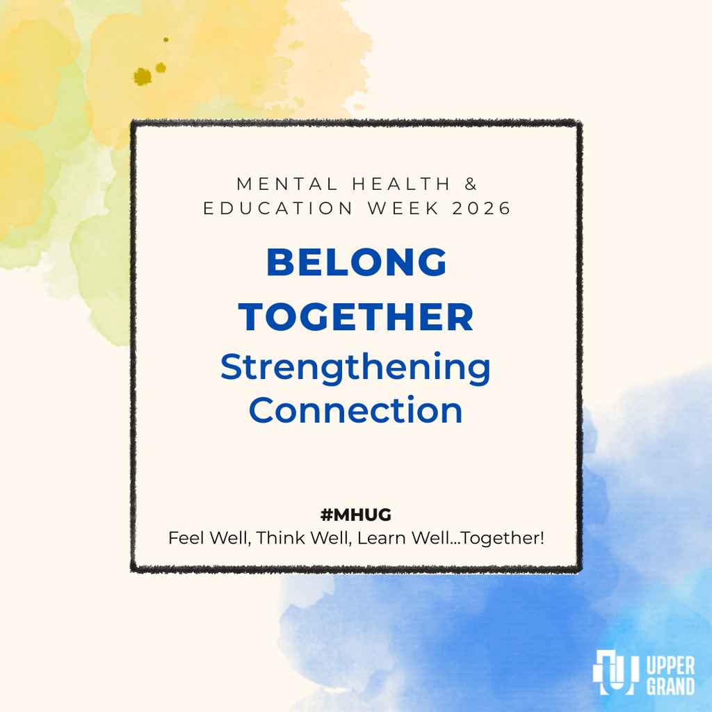 A beige background with yellow and blue water colours, it says Mental Health and Education Week 2026, Belong Together strengthening connection #MHUG
