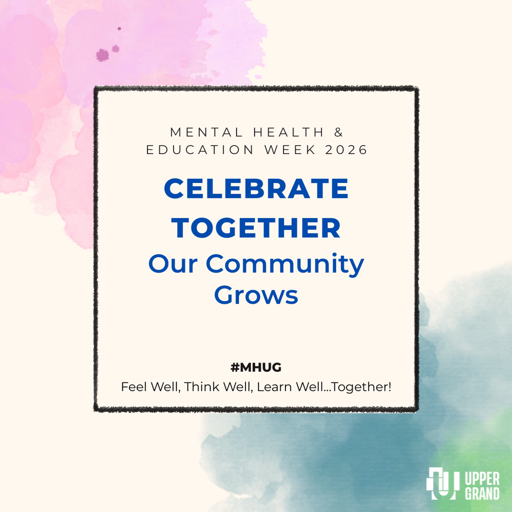 A beige background with pink and teal water colour it says Mental health and education week 2026, celebrate together our community grows #MHUG