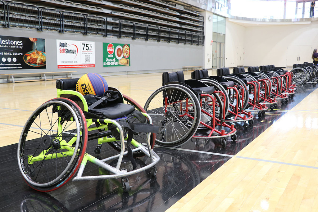 A line of wheelchairs in a row 