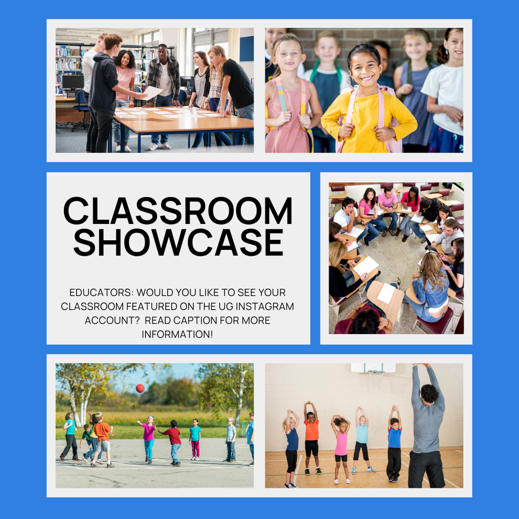 A blue background. Classroom showcase, send us a DM if you're interested. There are 5 photos of various ages of student at school
