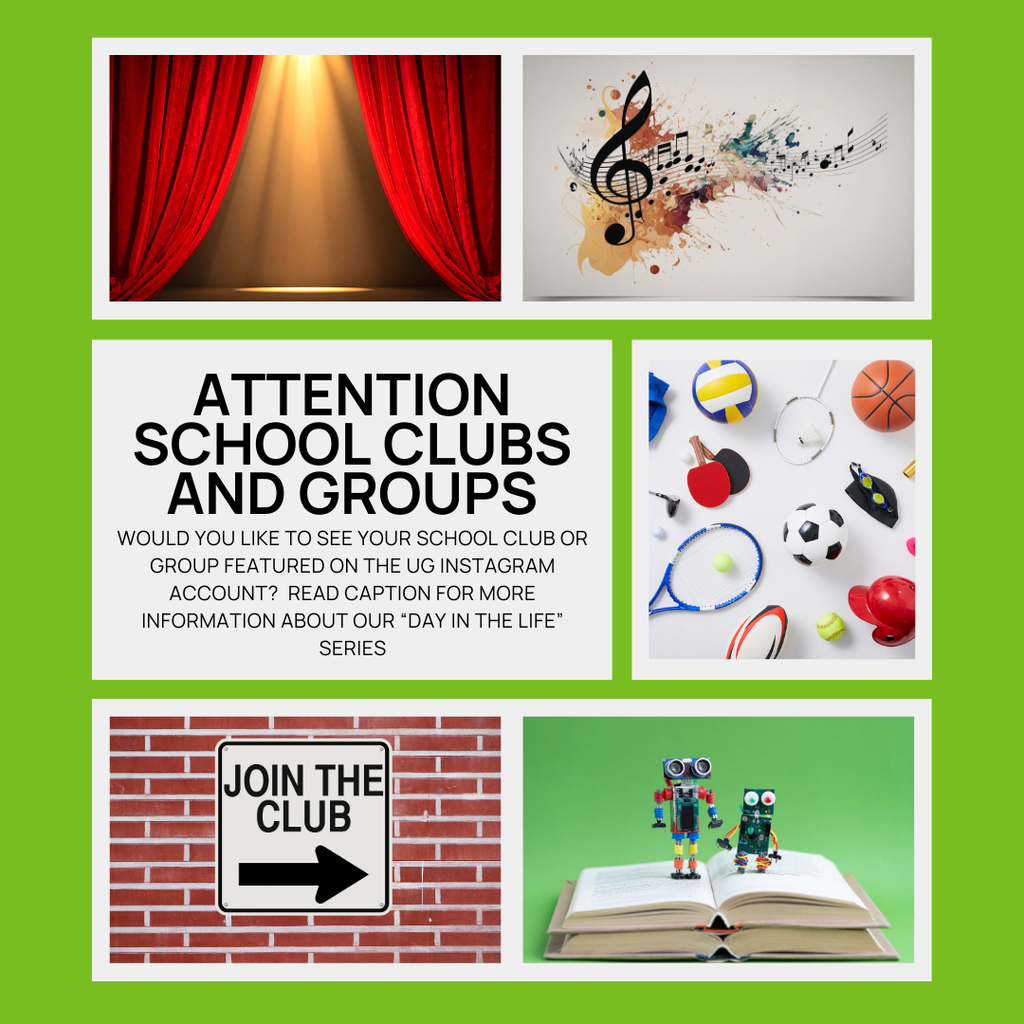 A green background. Attention School clubs and groups. would you like to be part of our Instagram showcase? Send us a DM. A photo of a stage, a photo of music notes, a photo of sports equipment, a sign that says join the club and a photo of books.