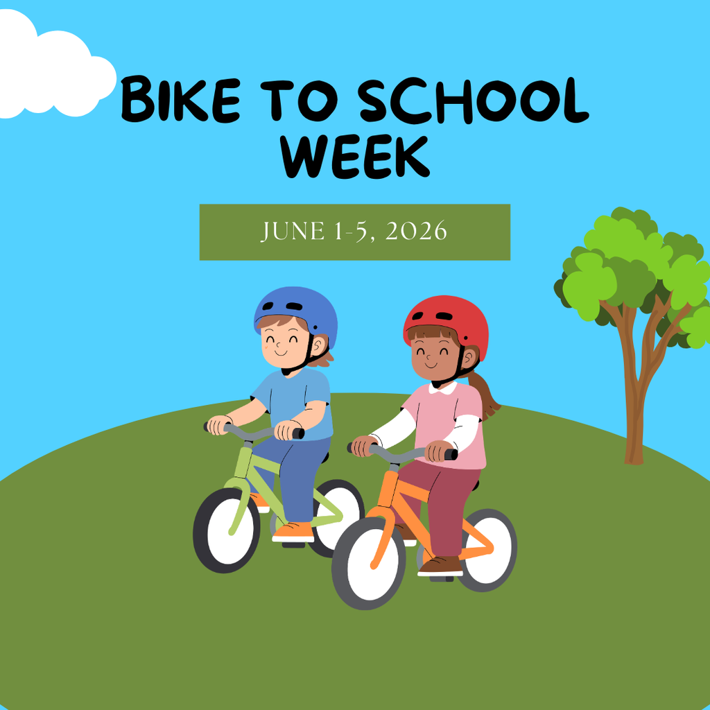 Two cartoon children riding bikes. It says Bike to school week June 1-5, 2026