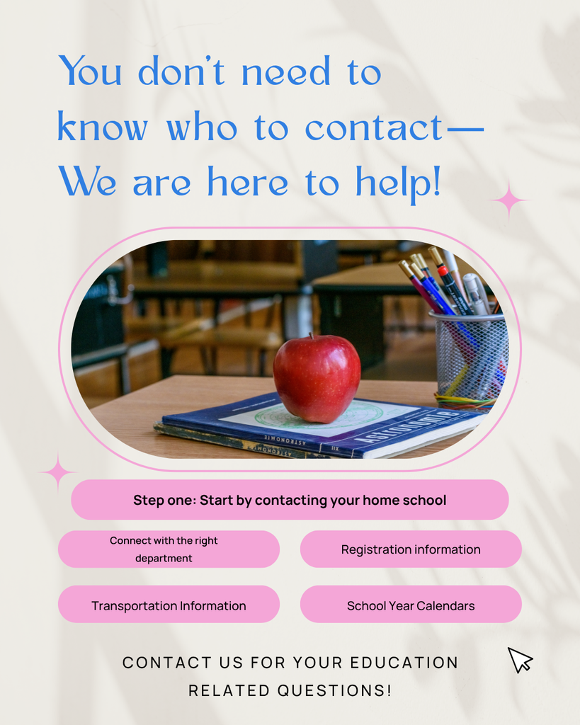The words you don't need to know who to contact, we are here to help are written in blue above a picture of an apple sitting on books. There are 5 pink buttons in the picture, they say: Step one: Start by contacting your home school, Connect with the right department, Registration Information, Transportation Information, School Year Calendars. Contact Us for your Education Related Questions!