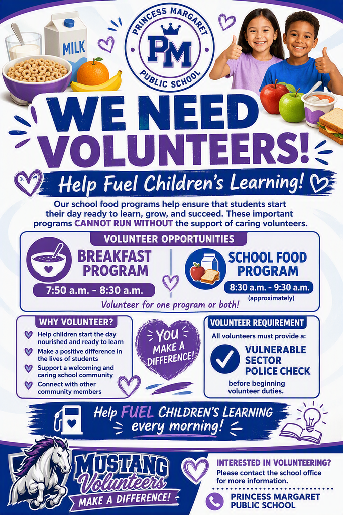 Princess Margaret poster with food and children, using blue and purple looking for volunteers and the Mustang logo. 