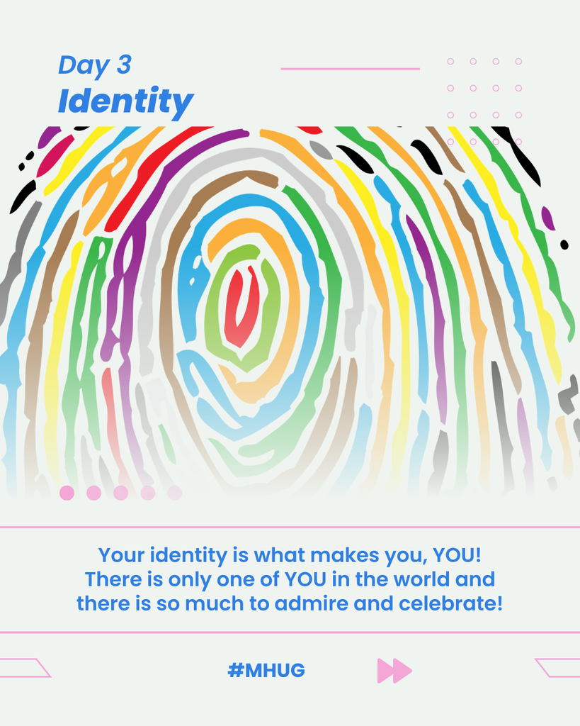 A graphic that says Day 3 - Identity. There is a photo of a fingerprint. It says Your identity is what makes you, you. There is only one you in the world and there is so much to admire and celebrate, written in blue. It also says #MUHG
