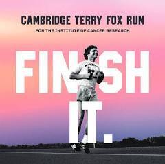 Terry Fox running witha. pink and purple sunset behind him with the white, bolded words: Finish it.