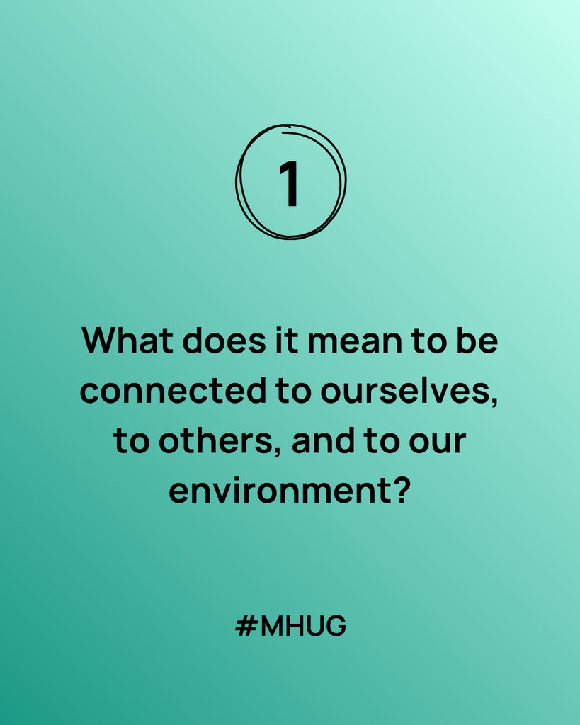 A green graphic that says What does it mean to be connected to ourselves, to others, and to our environment?