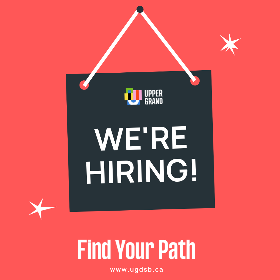 A graphic with red background and white text that says "We're Hiring!" and "Find Your Path"
