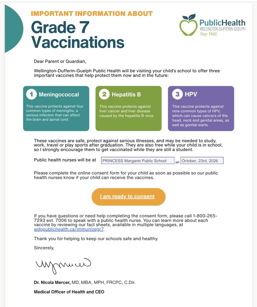Permission Letter for Immuniations for our grade 7s