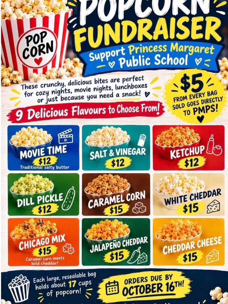 A popcorn flyer with bright colours, 9 buckets of popcorn. 