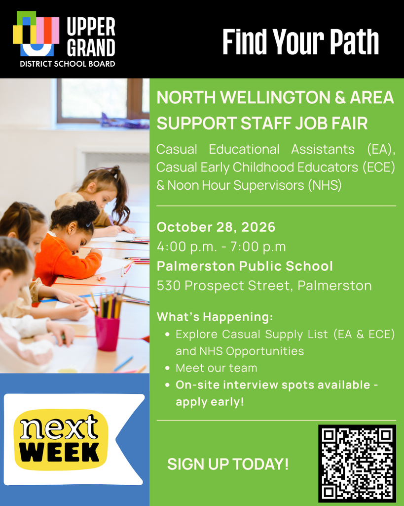 A Find your path graphic: Interested in flexible work while making a meaningful difference in the lives of students? Come meet us at the UGDSB North Wellington & Area Support Staff Job Fair and learn about opportunities as a Casual 𝗘𝗔, Casual 𝗘𝗖𝗘 𝗼𝗿 𝗡𝗼𝗼𝗻 𝗛𝗼𝘂𝗿 𝗦𝘂𝗽𝗲𝗿𝘃𝗶𝘀𝗼𝗿.  📅 𝗢𝗰𝘁𝗼𝗯𝗲𝗿 𝟮𝟴 | ⏰ 𝟰:𝟬𝟬 𝗽.𝗺. – 𝟳:𝟬𝟬 𝗽.𝗺. 📍 𝗣𝗮𝗹𝗺𝗲𝗿𝘀𝘁𝗼𝗻 𝗣𝘂𝗯𝗹𝗶𝗰 𝗦𝗰𝗵𝗼𝗼𝗹  🤝 Meet our team, learn more about the opportunities and Find Your Path with UGDSB!