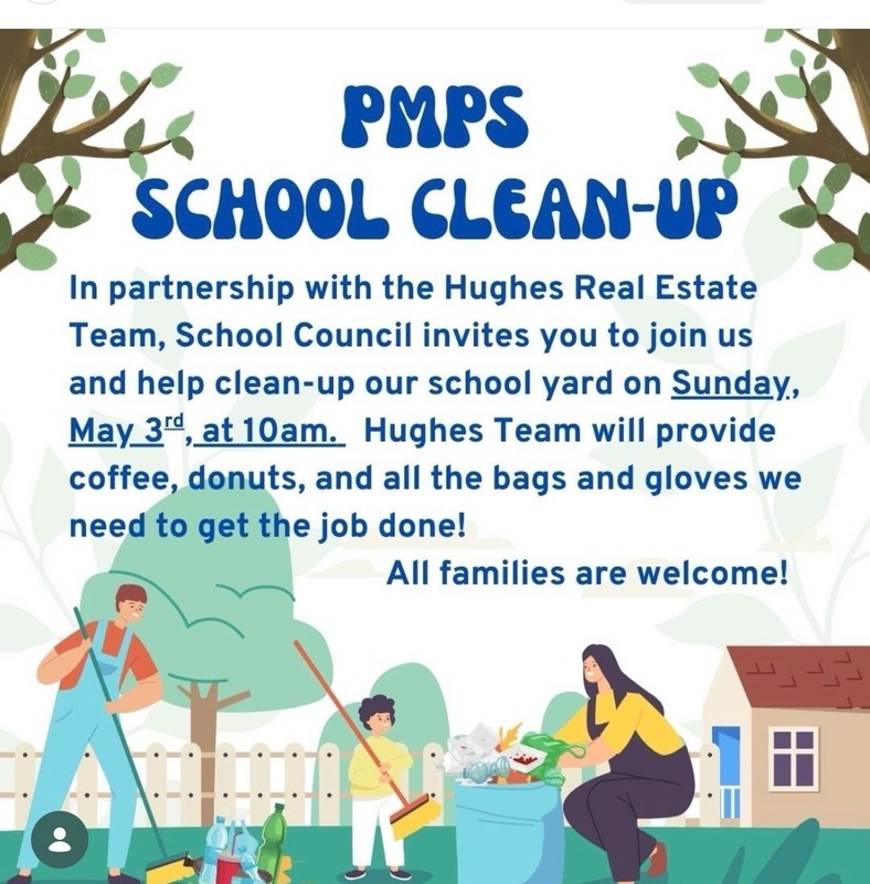 PMPS School clean up flyer- three people sweeping nad picking up litter